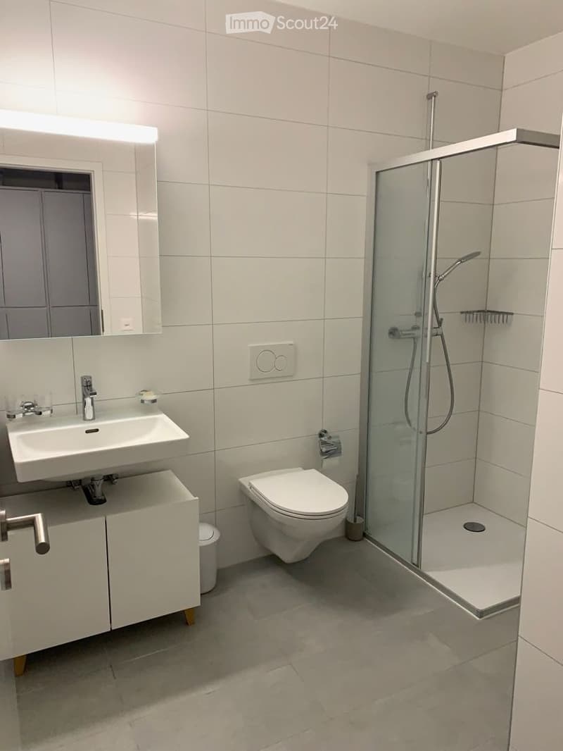Modern bathroom with white tiles, a sink with a mirror, a toilet, and a glass-enclosed shower. The floor is tiled, and there is a small cabinet under the sink.