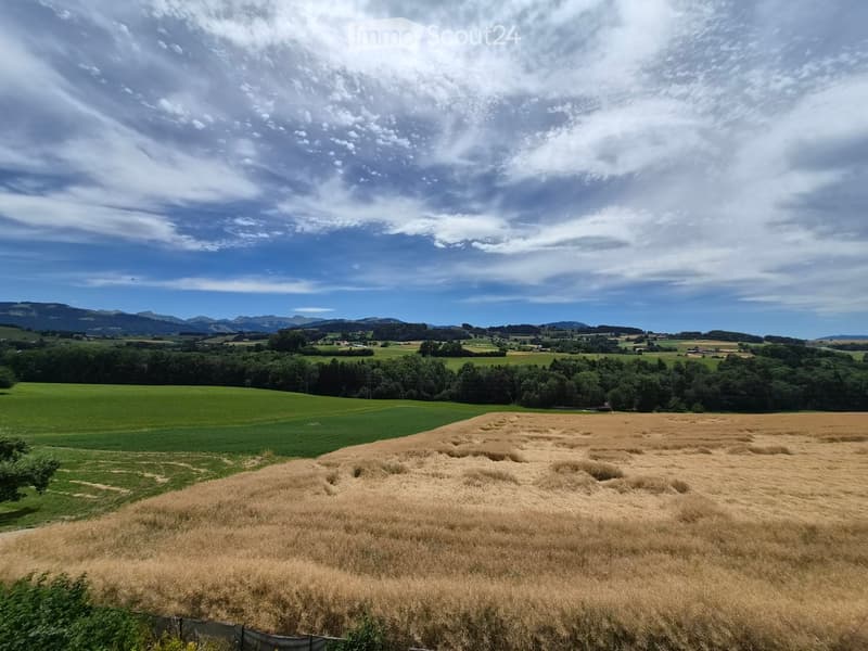 A panoramic view of a rural landscape with fields of wheat and green grass, surrounded by trees and distant mountains under a partly cloudy sky.