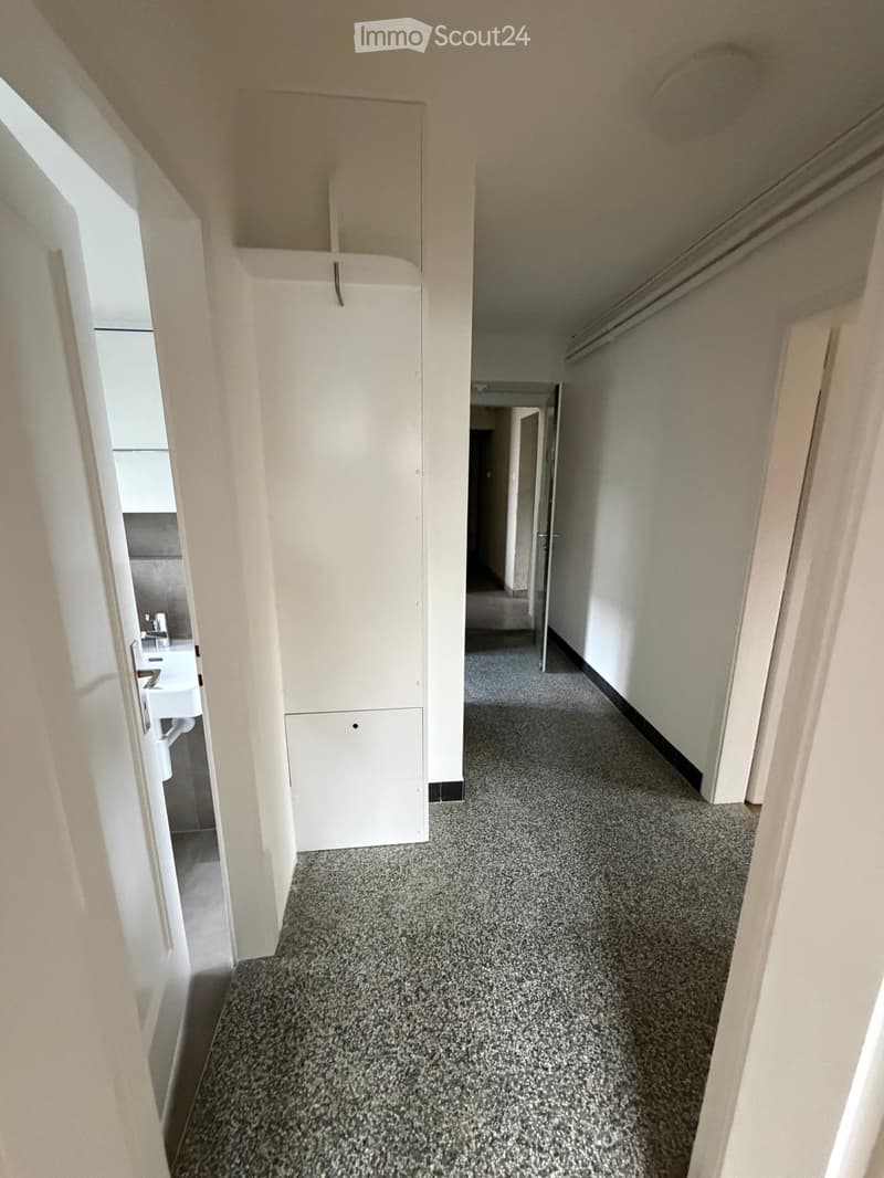 A narrow hallway with grey carpeted flooring, white walls, and several doors leading to different rooms.