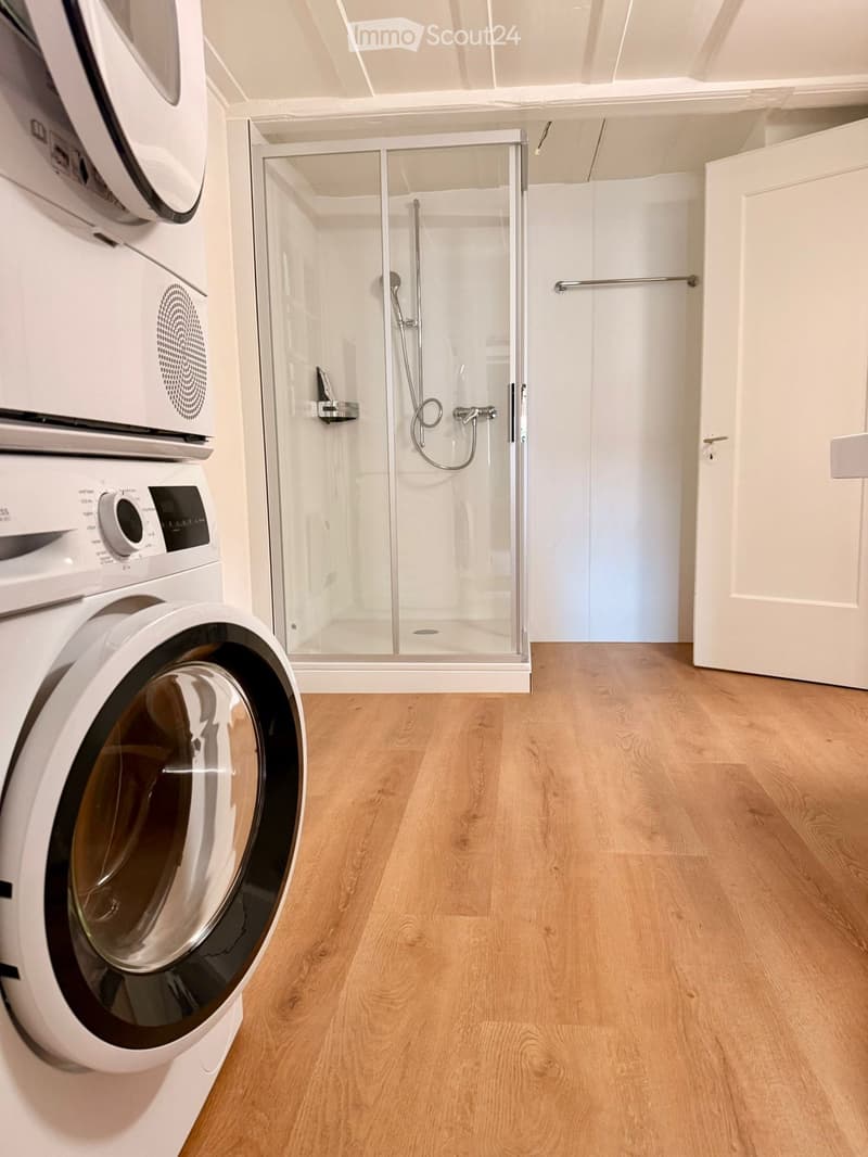 Modern bathroom with light wooden flooring, a white washing machine, a glass-enclosed shower, and a white door.
