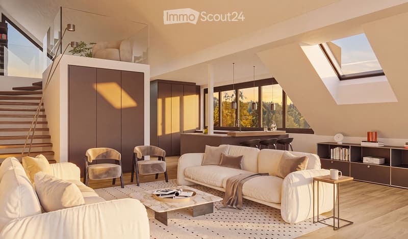 Modern living room with white sofa, coffee table, chairs, and a bookshelf. Large windows offer a scenic view, and the space is well-lit with pendant lights.