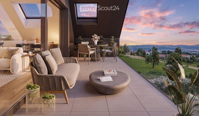 Modern rooftop terrace with panoramic city view, featuring a wicker sofa, coffee table, dining table with chairs, decorative vase, books, and potted plants.