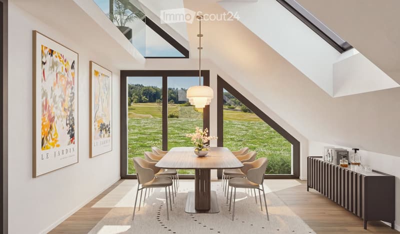 Bright dining area with large windows overlooking a green field, featuring a modern dining table, chairs, a flower vase, and a cabinet with decorative items.
