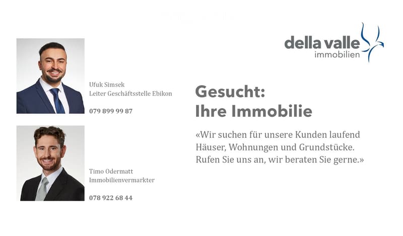Business card for real estate agents Ufuk Simsek and Timo Odermatt from Della Valle Immobilien, with contact information and a message inviting property owners to contact them.