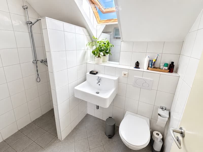 Modern bathroom with white tiles, a corner shower, a sink, a toilet, a mirror, and a small plant on the windowsill. The room features a skylight window and various toiletries on the counter.