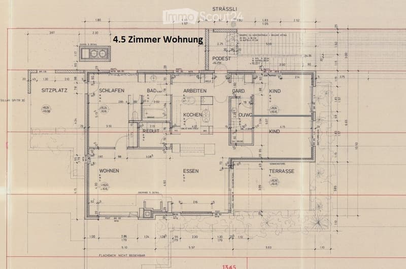 Floor plan of a 4.5-room apartment with labeled rooms including living area, bedroom, bathroom, kitchen, dining area, and terrace.