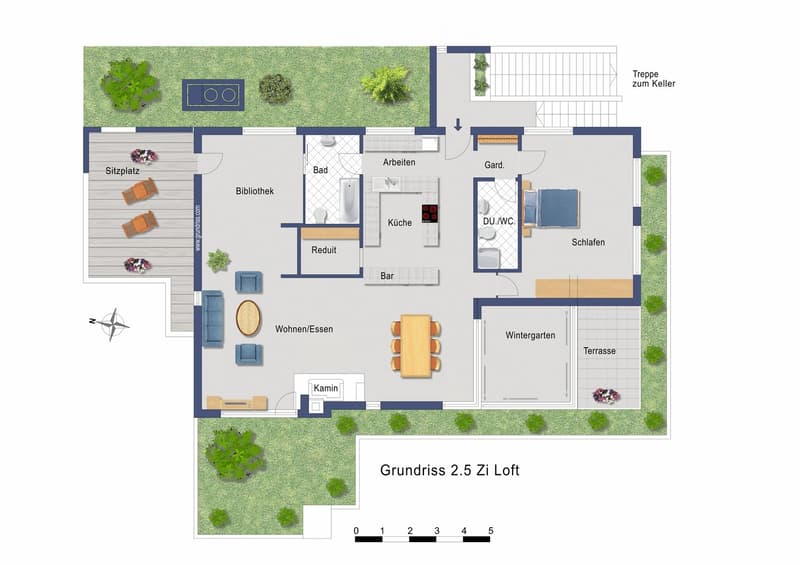 Floor plan of a 2.5-bedroom loft with living/dining area, kitchen, bedroom, bathroom, library, bar, winter garden, terrace, and outdoor seating area.