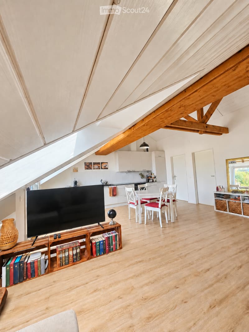 Open-plan living and dining area with wooden flooring, exposed wooden beams, large skylight, television on a wooden stand, dining table with chairs, kitchen area with white cabinets, and a decorative mirror on the wall.