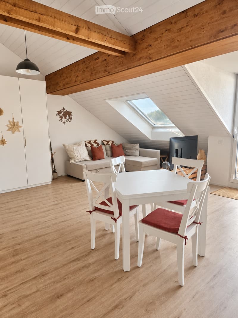 Bright, airy living and dining area with wooden floors, exposed wooden beams, skylight, sofa, dining table, chairs, and television.