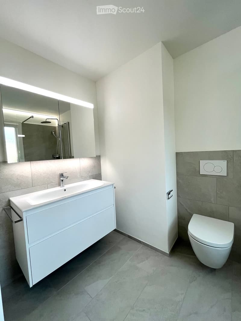 Modern bathroom with a white sink, large mirror with built-in lighting, toilet, and sleek grey tiles.