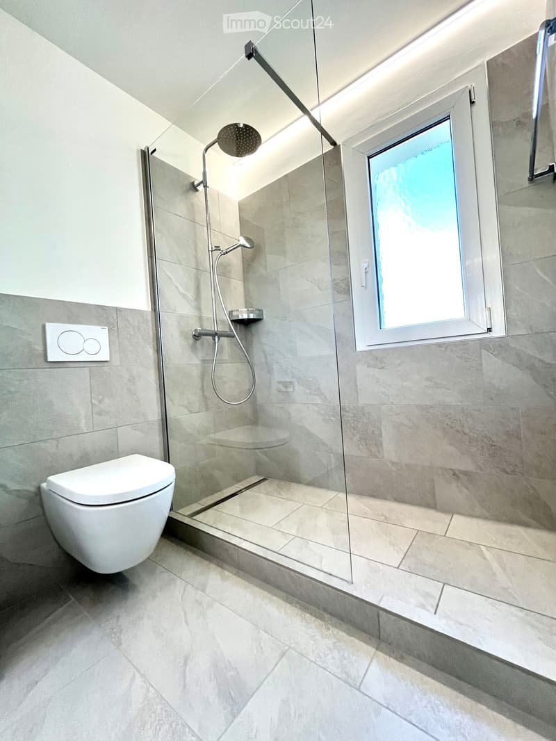 Modern bathroom with a toilet, glass-enclosed shower, and a large window providing natural light.