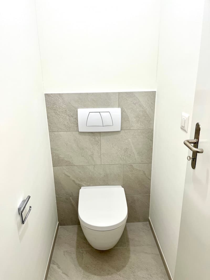 Modern bathroom with a white toilet, marble tiles, and a toilet paper holder on the wall.