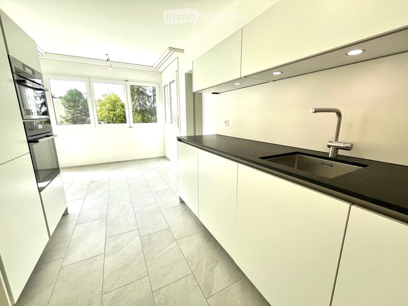 Modern kitchen with white cabinets, black countertop, stainless steel sink, and built-in oven. Large windows provide natural light.