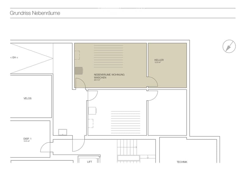 Main entrance, hallway, living room, 2 bedrooms, bathroom, kitchen, washing room, lift, storage, technical room