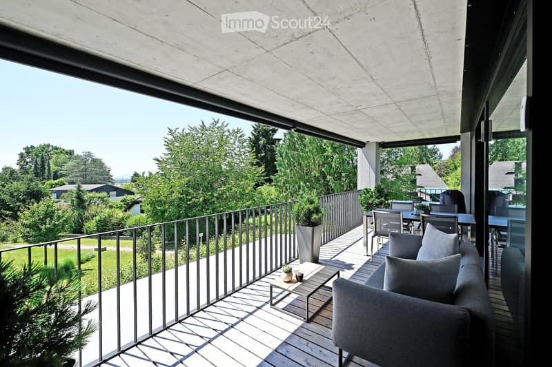 modern balcony, view of the nature, outdoor table with 2 chairs, potted plants, grey sofa, wooden deck, grey couch with cushions