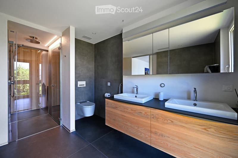 modern bathroom, double vanity with sinks, toilet, walk-in shower, glass door, wooden cabinets, tiled floor