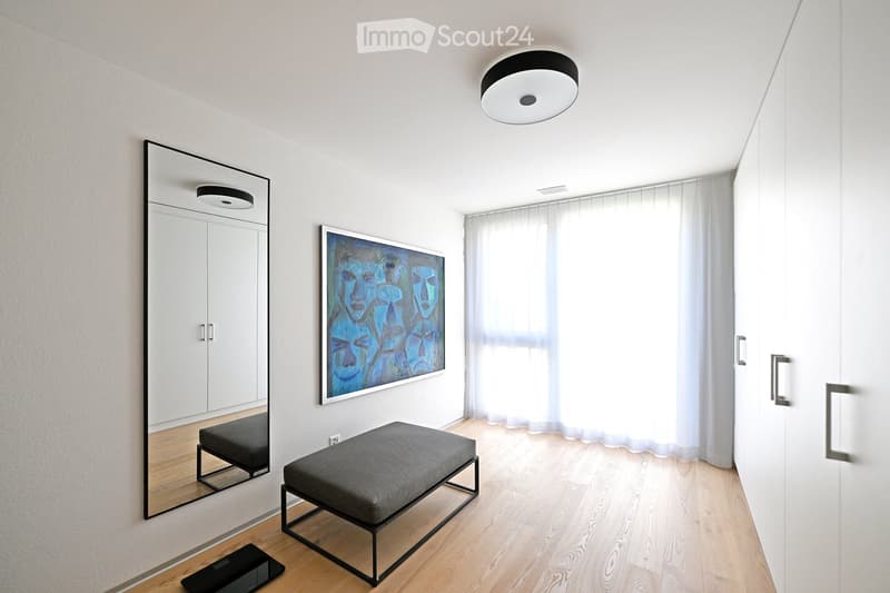 wooden floor, large mirror, picture frame on wall, gray cushion, round ceiling lamp