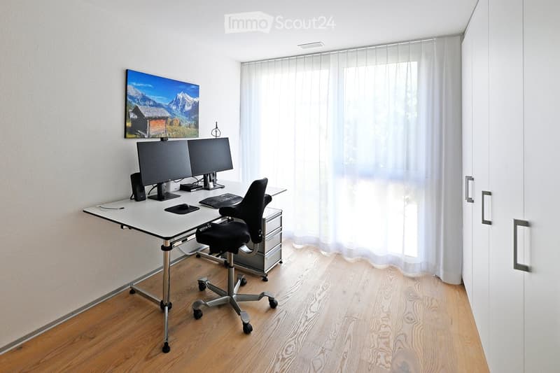 minimalist desk setup with two monitors, office chair, file cabinet, wood flooring, wall art