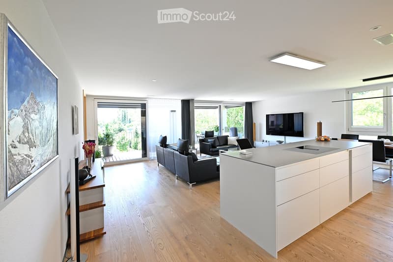 Open plan kitchen and living room, black sofa, central island, TV, sliding door, balcony