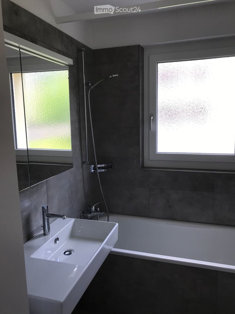 Modern bathroom with a white sink, chrome faucet, bathtub, and showerhead. Dark grey tiles and large windows provide natural light.