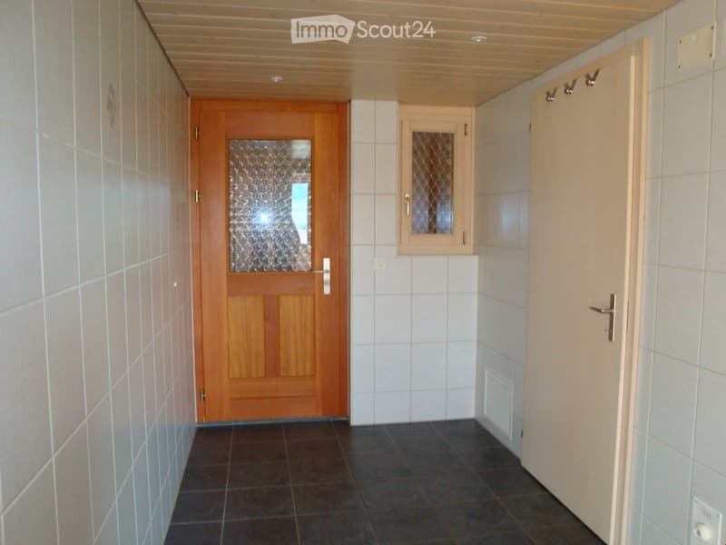 A narrow hallway with tiled walls and a dark tiled floor, featuring a wooden door with a frosted glass panel and a small wooden cabinet with a mirror above it.