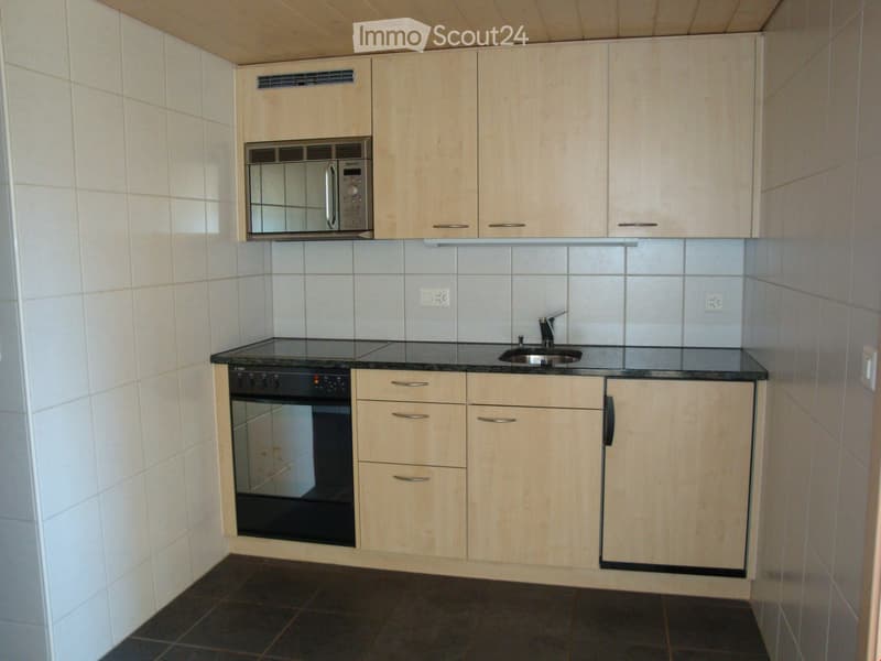 Modern kitchen with light wood cabinets, stainless steel appliances, and dark countertops.