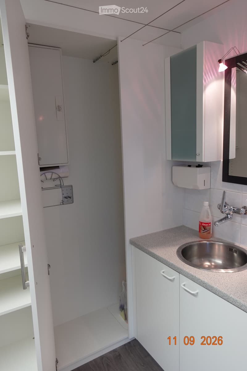 Modern bathroom with white cabinets, a stainless steel sink, a mirror, and a bottle on the counter. The shower area is visible through an open door.