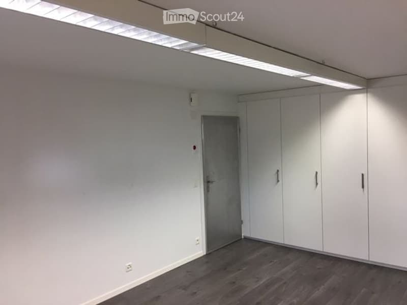Empty room with white walls, dark wooden flooring, white built-in wardrobes, and a grey door.