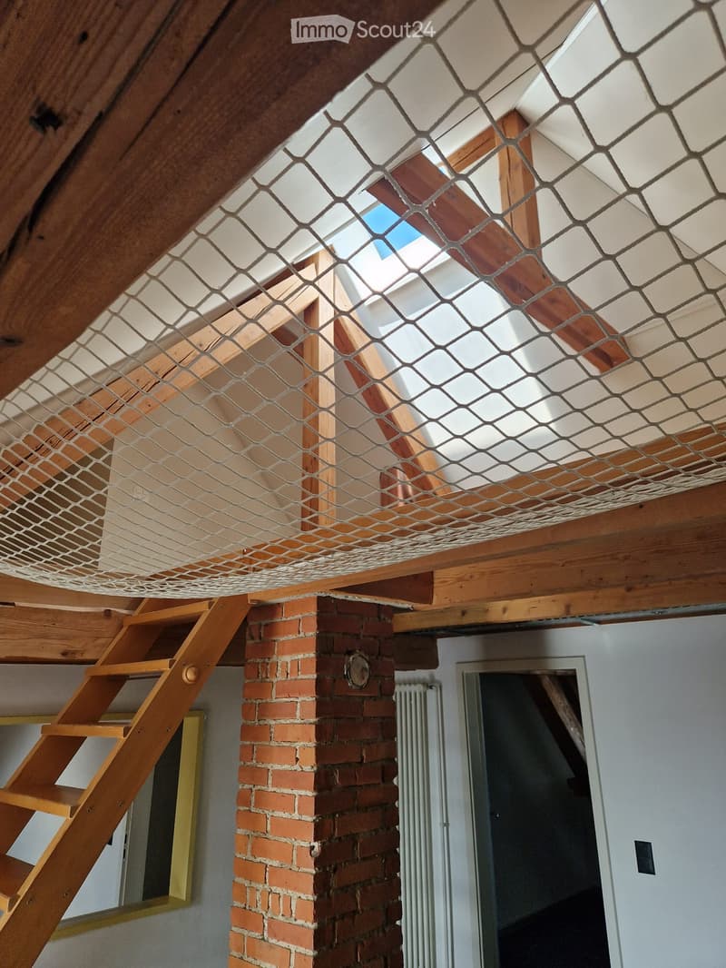 Interior of a house showing a wooden ceiling with a net, a wooden ladder, brick walls, a radiator, and an open door leading to a room with a wooden floor.
