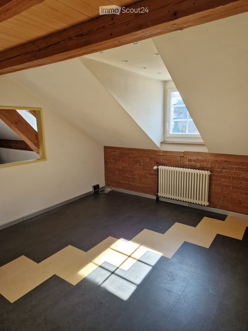 Empty room with black floor, white ceiling, brick wall, mirror, radiator.