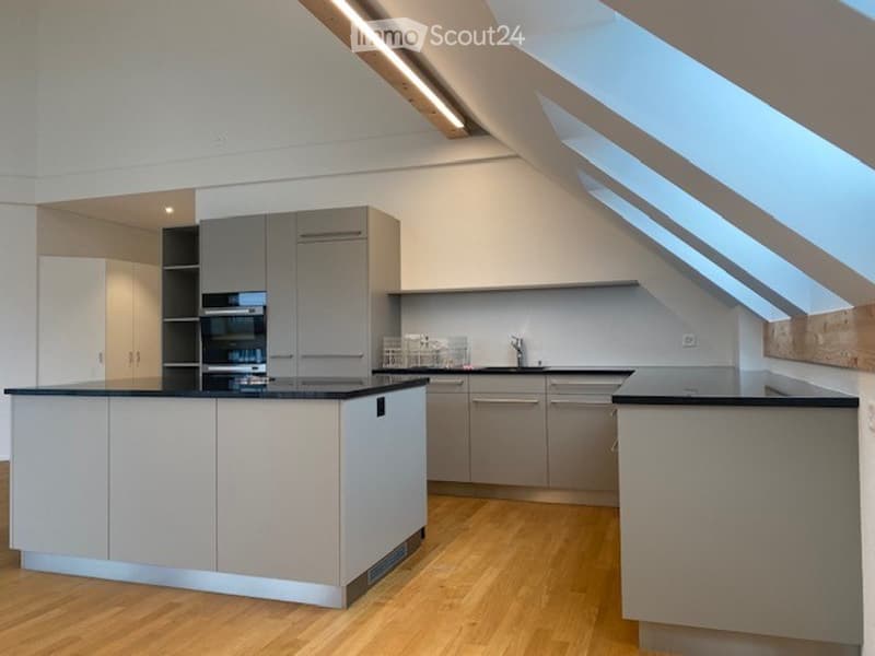 Modern kitchen with light grey cabinets, a central island, built-in oven, and ample natural light from skylights.