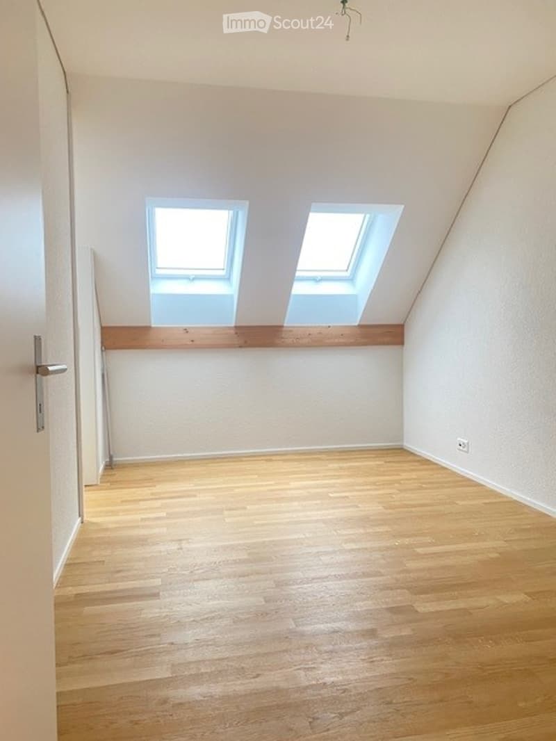 Empty attic room with wooden flooring, white walls, and two skylight windows. No furniture or equipment present.