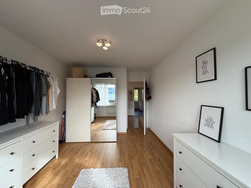 A well-lit hallway with wooden flooring, white walls, and modern decor including framed artwork, a clothing rack, and a large mirror. The hallway leads to other rooms and features built-in storage and a small rug.