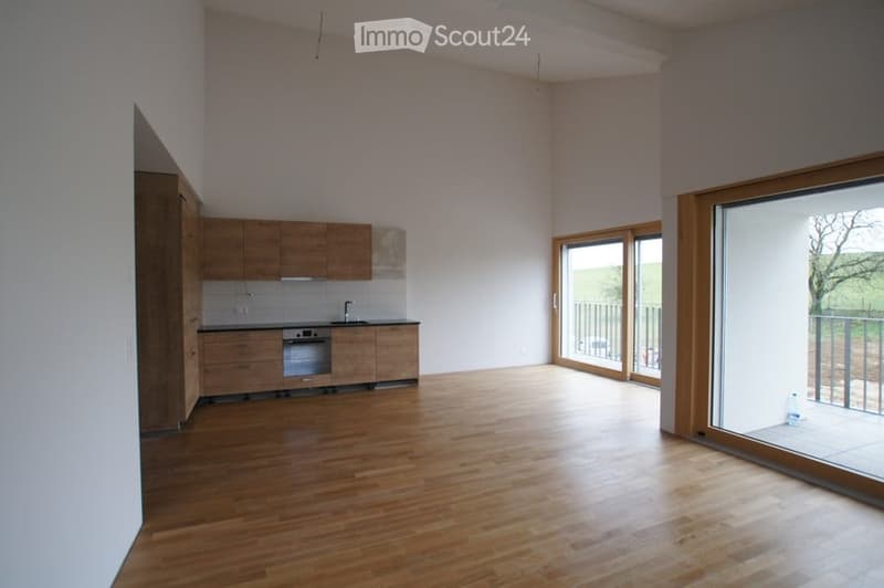 Open-plan space with a fitted kitchen area featuring wooden cabinets, a sink, and an oven, connected to a spacious living area with wooden flooring and large sliding glass doors leading to a balcony.