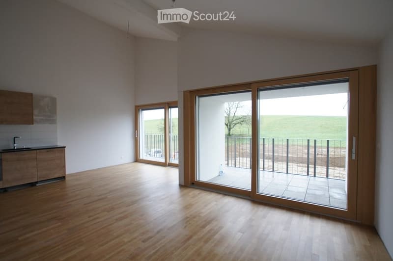 Empty room with wooden flooring, large sliding glass doors leading to a balcony with a view of a green field.
