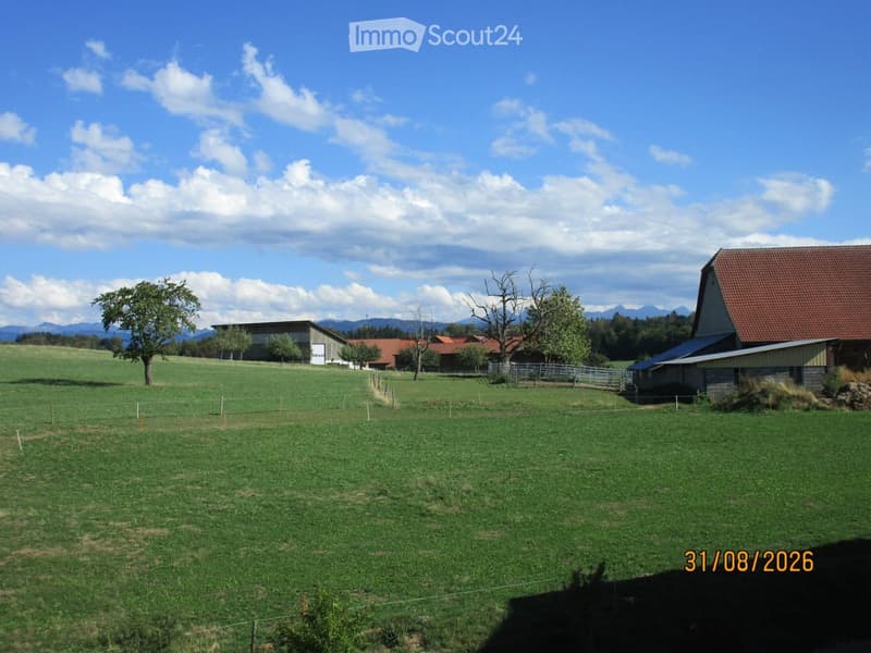 A wide, green field with scattered trees and a few buildings, including a barn and a modern structure, under a partly cloudy sky with distant mountains visible.