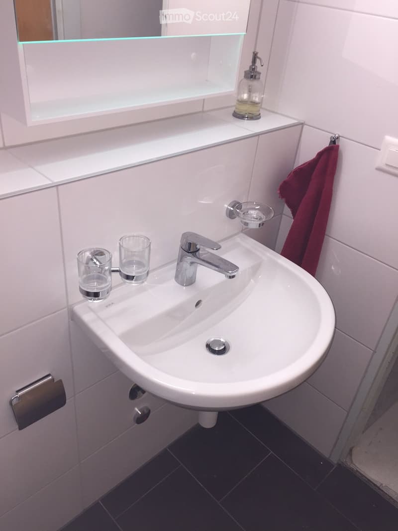 Modern bathroom with a white sink, chrome faucet, mirror, and a red towel hanging on a ring. The sink has two toothbrush holders and a soap dispenser on the counter.