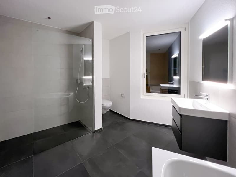 Modern bathroom with dark tiled floor, white walls, a large mirror, a sink, a toilet, a bathtub, and a glass-enclosed shower area.