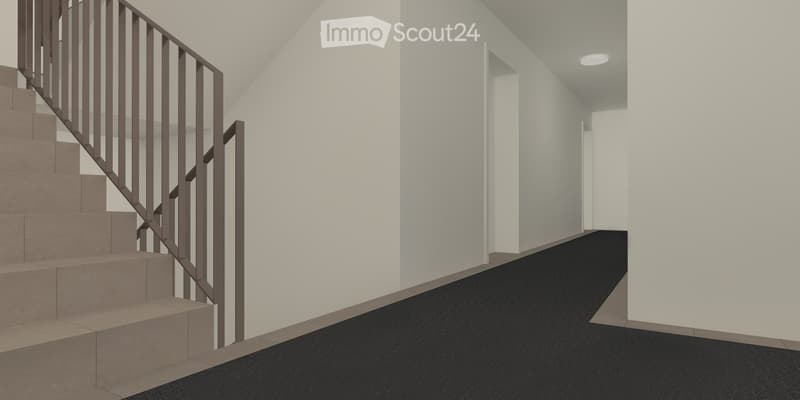 Modern hallway with a staircase featuring a metal railing and beige steps, leading to a carpeted area with white walls and recessed lighting.