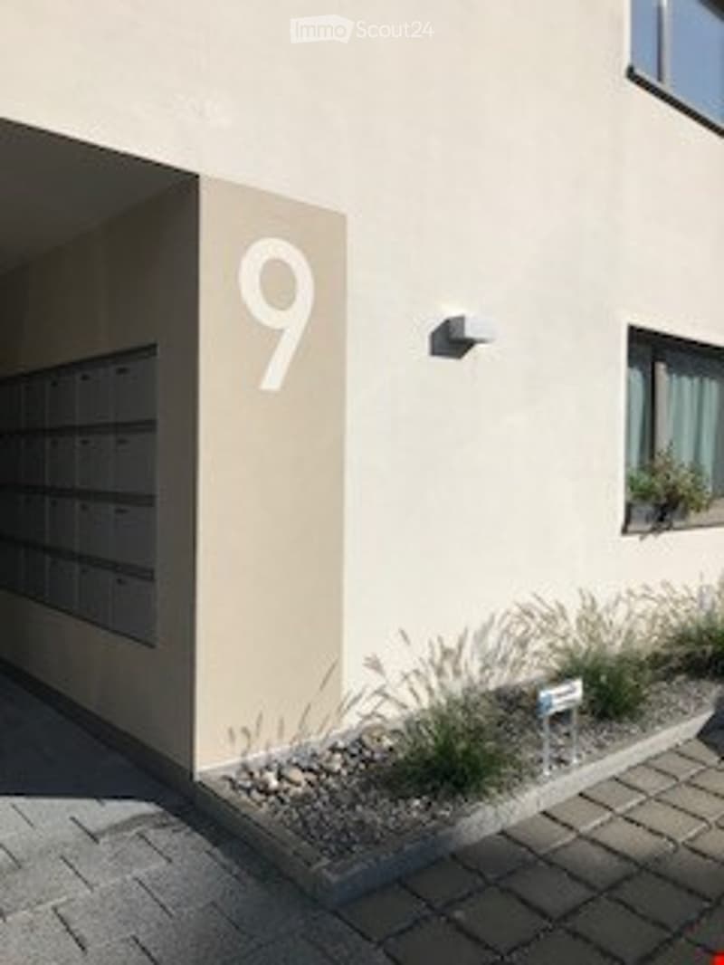 Modern building entrance with a beige facade, numbered '9', small garden area with plants, and a window with a plant on the sill.