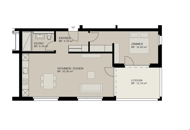 Floor plan of a 1-bedroom apartment with a living/dining area, bedroom, bathroom, and loggia.