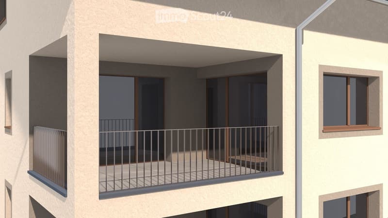 Balcony with metal railing, sliding glass doors, and tiled floor.