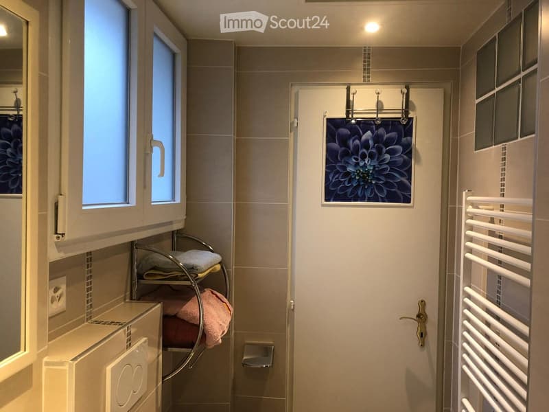 Modern bathroom with tiled walls, a towel rack, a mirror, a radiator, and a picture frame on the wall.