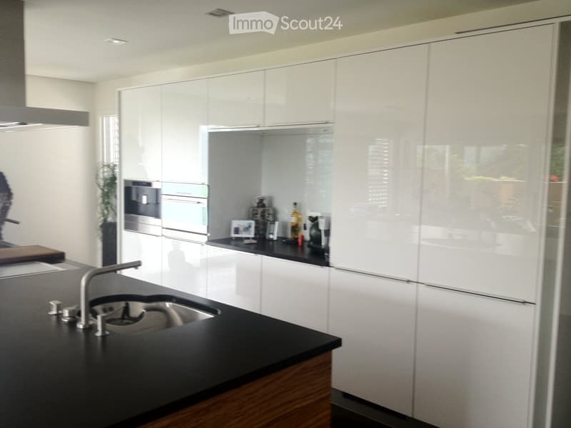 Modern kitchen with white cabinets, black countertops, stainless steel sink, and various small appliances and decorative items on the counter.