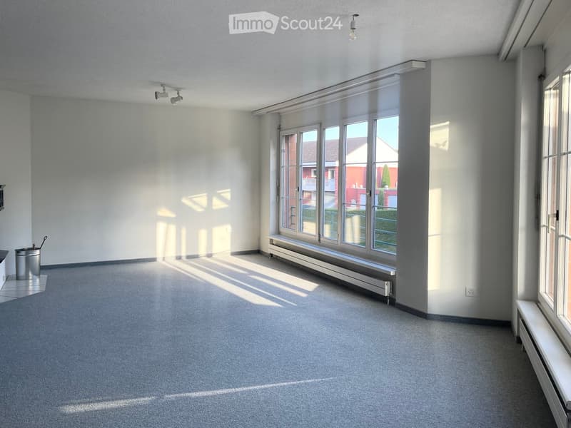 Empty room with light grey carpet, white walls, large windows, and a radiator. No furniture or equipment present.