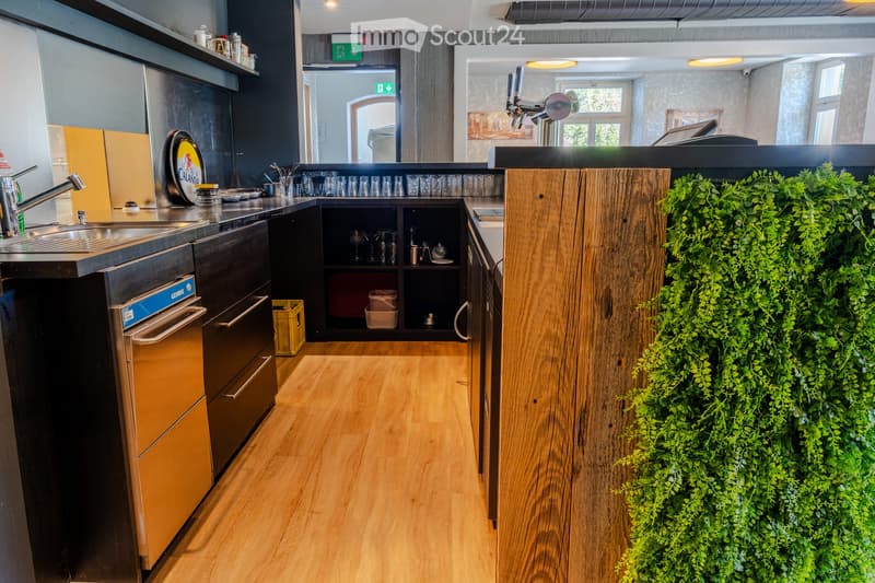 Modern kitchen with wooden flooring, stainless steel sink, dishwasher, and wooden cabinets. A green vertical garden wall is visible on the right side.