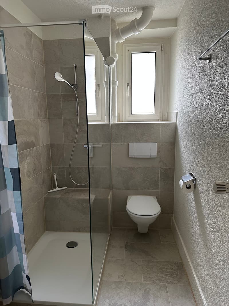 Bathroom. Modern bathroom with a glass shower enclosure, a white toilet, and tiled walls and floor.