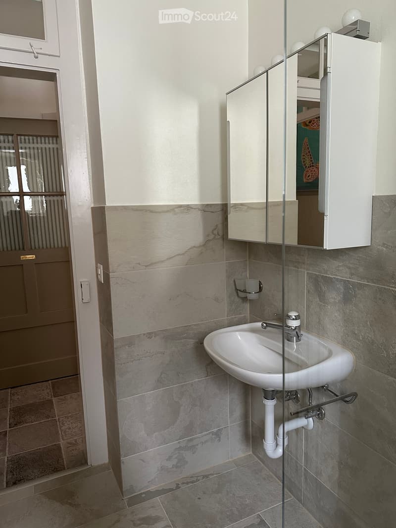 Bathroom. Bathroom with a white sink, faucet, and a mirror above the sink. The walls are tiled with gray tiles, and there is a glass door leading to another room.