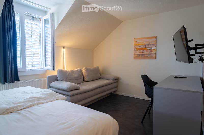 Cozy bedroom with a bed, sofa, desk, chair, TV, and artwork on the wall. The room features large windows with blinds and a slanted ceiling.