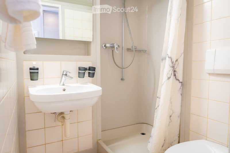 Modern bathroom with white tiles, a sink, a mirror, a shower with a curtain, and a toilet.